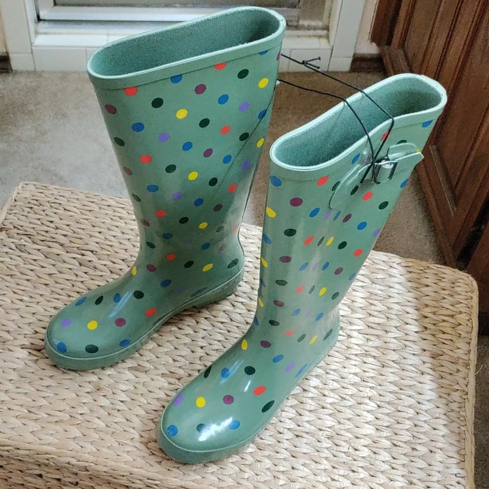Time and Tru Women's Rain ☔ Buckle -Polka Dot Boots Green Only Size 6 Is Avai. - Picture 1 of 6